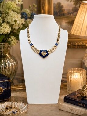 TRIFARI Vintage Blue Enameled Gold-Tone Egyptian Revival Collar Necklace